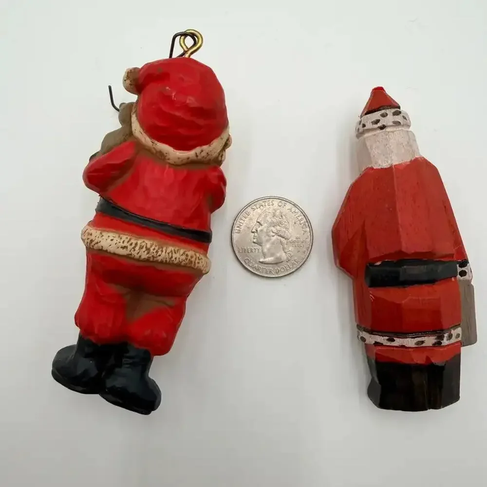 Vintage Santa Claus Christmas Ornaments Lot of 2 Folk Art Wood Carved Tree Decor